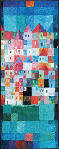 wash+dry by Kleen-Tex Schmutzfangmatte Colourful Houses 75 x 120 cm - Hochwertige Fußmatte mit rutschfestem Nitrilgummirücken, maschinenwaschbar und ideal für Innen- und überdachte Außenbereiche. Design von Eugen Stross vereint Funktionalität mit kreativem Stil.