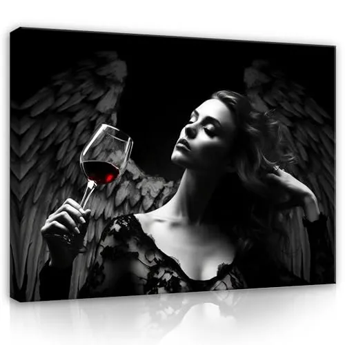 WallArena - Leinwand Bilder - Frau Engel Wein Schwarz - 60x40 cm Leinwandbilder - Bild auf leinwand - Wandbild XXL groß Wandbilder für Wohnzimmer Schlafzimmer Wohnzimmerbilder Modern