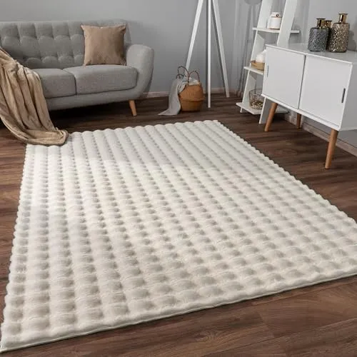 Paco Home Weicher Flauschiger moderner Bubble Wohnzimmer Teppich Hochflor Fell Geometrisches Design Hoch-Tief-Effekt, Grösse:60x100 cm, Farbe:Creme 3