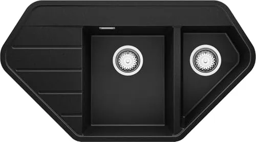 PRIMAGRAN Eckspüle Schwarz 90x50cm, Granitspüle 1,5 Becken + Ablauf-Set, Küchenspüle ab 70er Unterschrank - Kopenhagen Corner S001