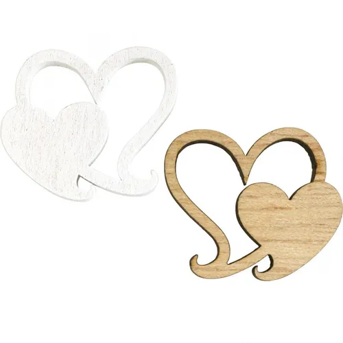 Doppelherz Streudeko Hochzeit Holzherzen 3cm, 72 Stk, Tischdeko Weiß Natur, 72