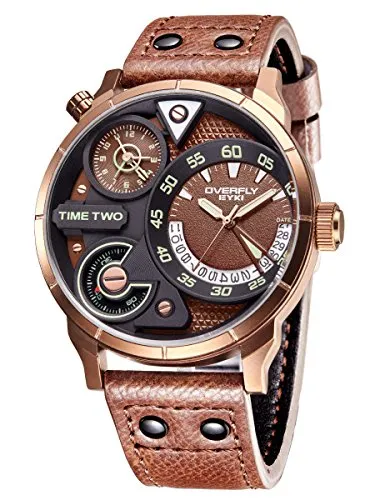 Alienwork Armbanduhr Herren Bronze Lederarmband Braun Kalender Datum Multi Zeitzonen XL Große