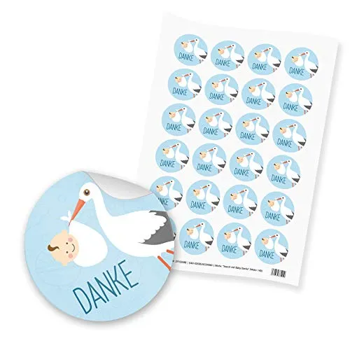 itenga Motiv Storch mit Baby Hellblau Pastell für Jungen Gast Geschenk Geburt Taufe 1. Geburtstag (24 Motivsticker mit Text Danke)