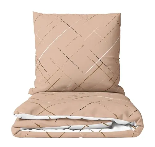 Leonado Vicenti Bettwäsche Set 155x220 cm Baumwolle 4-Jahreszeiten Streifen Beige Wendebettwäsche mit Reißverschluss Kissenbezug 80x80 cm Atmungsaktiv