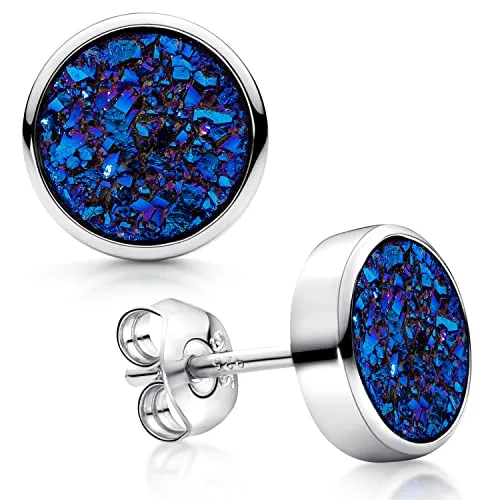 Materia Druzy Ohrstecker rund in Blau 925 Silber - Ohrringe für Damen mit glitzerndem Druzy Quarz in Blau, rhodiniert für Anlauf- und Farbschutz. Perfekt als Geschenk in hochwertiger Schmuck-Schachtel.