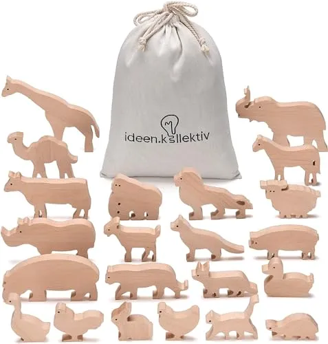 ideen.kollektiv Lernspielzeug - Systemische Tierfiguren aus Vollholz (22-St) - Wahrnehmungsspiele für Coaching und Therapie, ideal zur Visualisierung von Beziehungen und sozialen Systemen durch 22 vielseitige Tierfiguren.