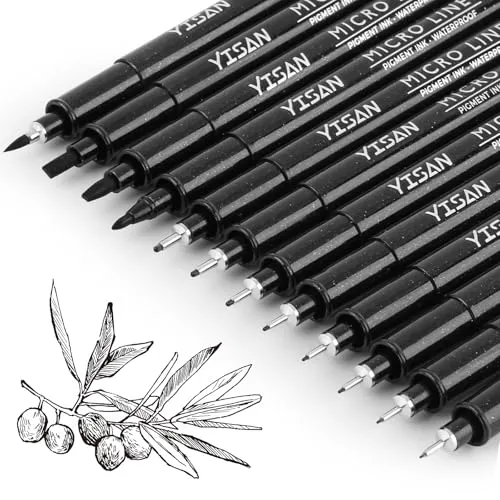YISAN 12 Fineliner Stifte Set, Schwarz Filzstiften,Tuschestift Pigment Liner Set, Wasserfest, Stifte für Künstler, Illustration, Skizzen, Technisches Zeichnen, 902195