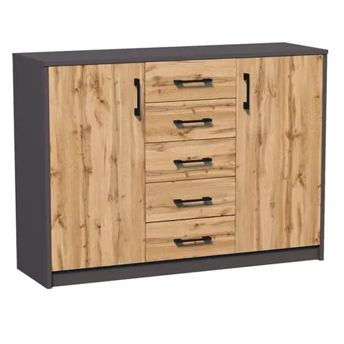 Kommode mit 5 Schubladen und 2 Türen – Hochwertiger Holzschrank in Graphit Eiche - Kommoden & Sideboards mit großzügigem Stauraum: 5 Schubladen und 2 Türen für organisierte Aufbewahrung. Langlebige Konstruktion aus laminierter Platte und sanfter Betrieb dank Metallrollenführungen.
