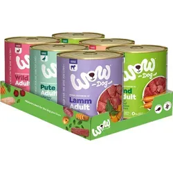 WOW Hundenassfutter Adult Multipack - Hundefutter mit 71% Fleisch- und Fischanteil, 6 köstliche Sorten für ausgewachsene Hunde – ideal für eine gesunde, abwechslungsreiche Ernährung ohne künstliche Zusätze.