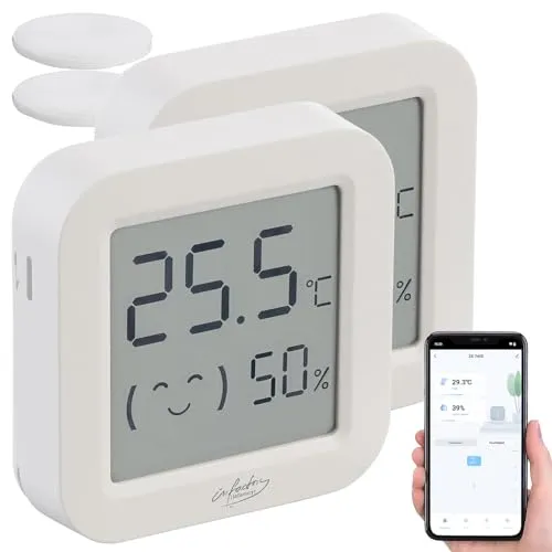 infactory Thermometer Hygrometer: 2er-Set Mini-Thermo-/Hygrometer, Komfort-Anzeige, LCD, Bluetooth, App (Zimmer-Thermometer, Wandthermometer, Baby)