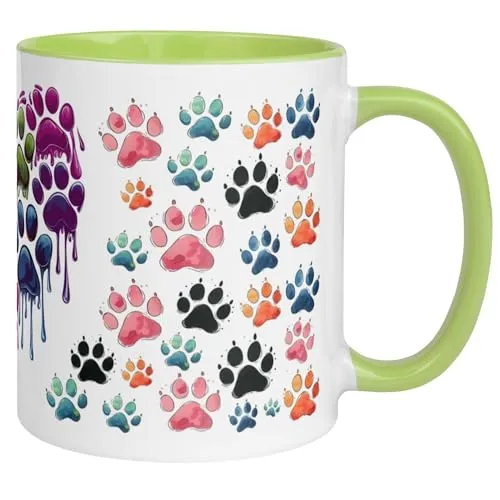 Katzen Tasse mit Pfoten und Pfotenherz - Rundum bedruckt - Geschenk Katzenfreunde Katzenmama Katzenpapa – Lustige Katzen Geschenk-Tasse für Zuhause oder Büro