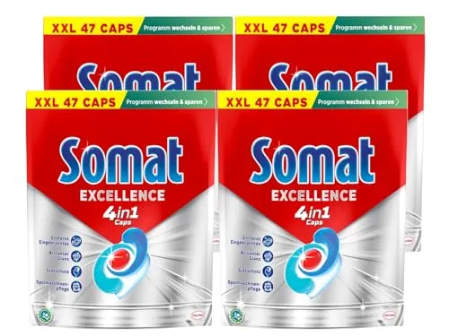Somat Excellence 4in1 Caps, 188 Caps (4x 47 Caps), schnellauflösende Spülmaschinentabs, Somat Caps für exzellente Reinigung & Glanz sogar im Eco-Programm & bei niedrigen Temperaturen