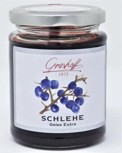 Grashoff Schlehe Gelee Extra 250g - Fruchtiger Genuss für Ihr Brot - Konfitüre & Fruchtaufstrich, aus hochwertigen Schlehen, ideal für ein besonderes Frühstück oder zum Verfeinern von Desserts.