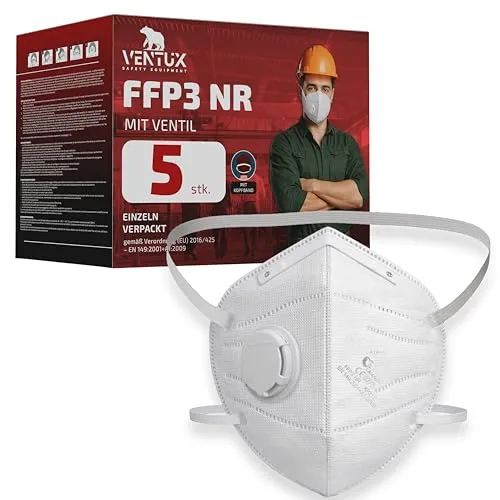 VENTUX SAFETY EQUIPMENT FFP3 Maske mit Ventil – 5-10-15-20 Stück – Zertifizierte FFP3 Atemschutzmaske nach EN 149 mit Kopfband – Schutzmaske gegen Staub und Partikel