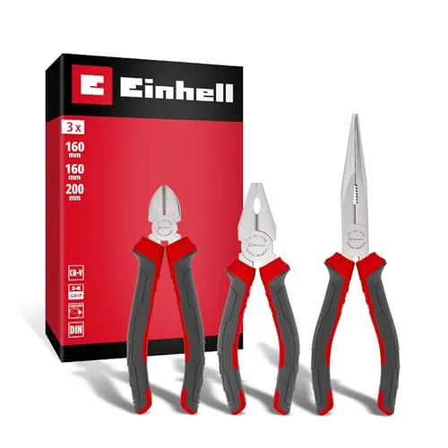 Original Einhell Zangen-Set 3-tlg. – Kombizange, Seitenschneider und Spitzzange - Praktisches Zangen-Set mit 3 Werkzeugen aus robustem Chrom-Vanadium-Stahl für präzise Schneid- und Greifarbeiten. Ergonomische Griffe ermöglichen komfortables Arbeiten ohne Ermüdung.