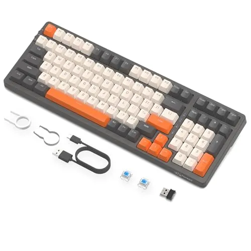 FREEWOLF K8 Drahtlose Hot-Swap-Mechanische Gaming-Tastatur, kabelgebundene RGB-Tastatur, Blauer Schalter, Bluetooth 5,0/2,4 GHz/USB-C Tri-Modus mit 4000-mAH-Akku für Mac/Win, QWERTY - Grau/Orange