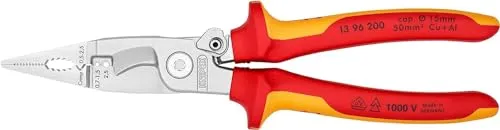 KNIPEX Elektro-Installationszange 13 96 200 SB - VDE isolierte Elektro-Installationszange mit integrierten Abisolierlöchern und Crimpprofil, ideal für präzise Elektroarbeiten und sicheres Arbeiten unter Spannung.