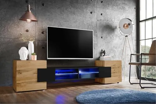 Komodee, Merano Bank TV Schrank, Wotan Schwarz Wotan, LED Blau, Breite 230 cm x Höhe 52,5 cm x Tiefe 35 cm, für Wohnzimmer, Schlafzimmer