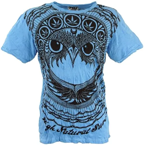 GURU SHOP Sure Herren T-Shirt Eule - Hellblau, XL - Hochwertiges Baumwoll-T-Shirt für Herren mit einzigartigem Krinkel-Look und pflegeleichtem Material, ideal für lässige Outfits.