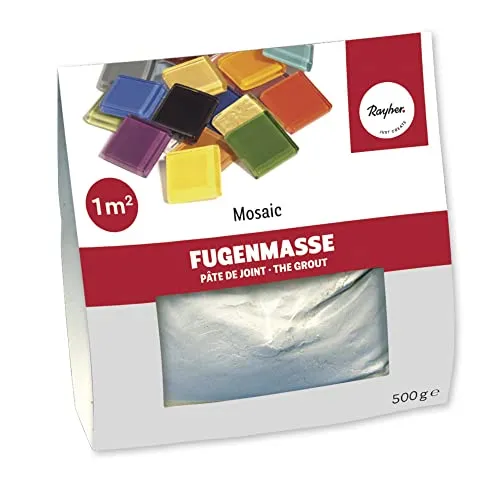 Rayher 1460000 Fugenmasse für Mosaikarbeiten, weißlich grau, Beutel 500 g, Pulver zum Anrühren, zum Verfugen von Mosaiksteinen, für den Innenbereich, Mosaik Fugenfüller