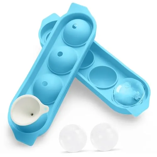 Eiswürfelform Silikon, 4x Eiswürfel Rund Eiswürfelbehälter mit Deckel, Eiswürfelform Rund, BPA Frei XXL Eiswürfel Form Ice Cube Tray Mold with Lid für Bier Cocktails Whisky - Blau