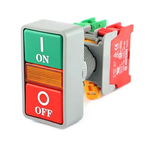 22mm Einbau-Doppeltaster, IP65, NC/NO, ON grün/Beleuchtung/OFF rot