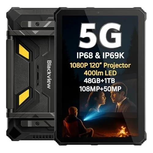 Blackview Active 12 Pro 5G Outdoor-Tablet, 1080P 120″ Projektor, 30000mAh Akku, 400lm Campinglampe, 48GB+1TB, 11″ FHD+ Display, Android 15 IP68/IP69K Tablet, Dual-SIM 5G, 108MP+50MP Kamera, NFC GPS