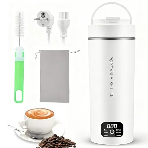 RNPKZ Elektrischer Reisewasserkocher Klein, 450ML Mini Wasserkocher, Kleiner Tragbarer Wasserkocher mit 6 Temperatureinstellung, 304 Edelstahl-Liner,Trockenlaufschutz für Babymilch Kaffee Tee Camping