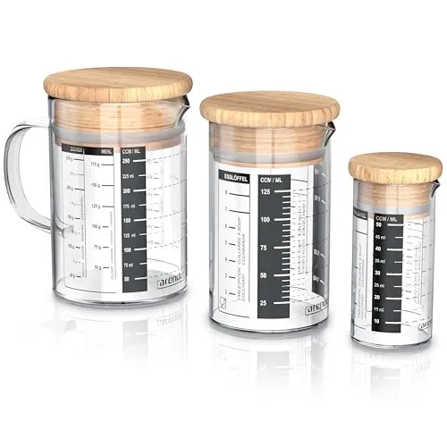 Arendo - Glasbehälter Set aus Borosilikatglas - Größen 250ml, 125ml, 50ml (0,25l 0,125l 0,05l), Messbecher Glas Krug - hitzebeständig - Glasbehälter mit Bambusdeckel - Silikondichtung