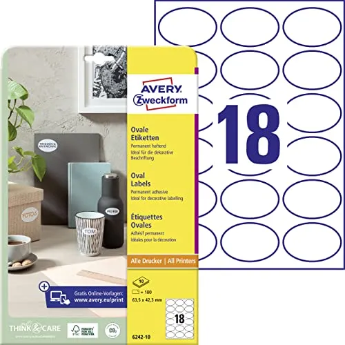 AVERY Zweckform 6242-10 Ovale Etiketten (180 Klebeetiketten, 63,5x42,3mm auf A4, ovale Aufkleber zum Bedrucken, selbstklebende Produktetiketten, permanent haftende Marmeladenetiketten) 10 Blatt, weiß