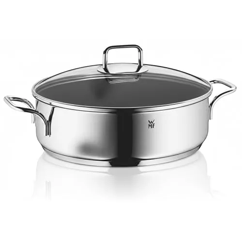 WMF Schmorpfanne 28 cm - Hochwertiger Bräter für Induktion - Pfanne mit 5,0l Volumen und hoher Rand, ideal für fettfreies Braten auf allen Herdarten. Hitzebeständig bis 250°C, backofenfest bis 180°C, mit Glasdeckel für optimale Garüberwachung.