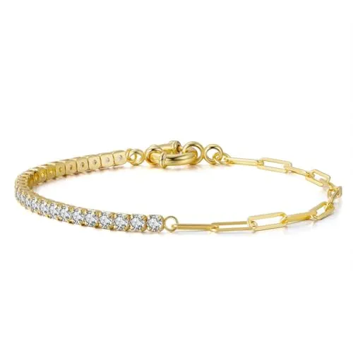 Suzan Gold® Vergoldetes Tennisarmband aus 925 Silber mit Zirkonia & Paperclip-Elementen | Glänzender, stilvoller Schmuck Lumispark – hautfreundlich, edel & wasserfest | Ideales Freundin Geschenk