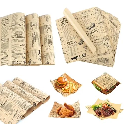 Blätter Papierblätter，Lebensmittelverpackungspapier，Burger Papier, Wrap Papier，Fettdichte Papierblätter Lebensmittelkorb Liner，für Burger, Butterbrot, Käse, Pommes，Kuchen，Sandwich，Frites-18 * 18 100