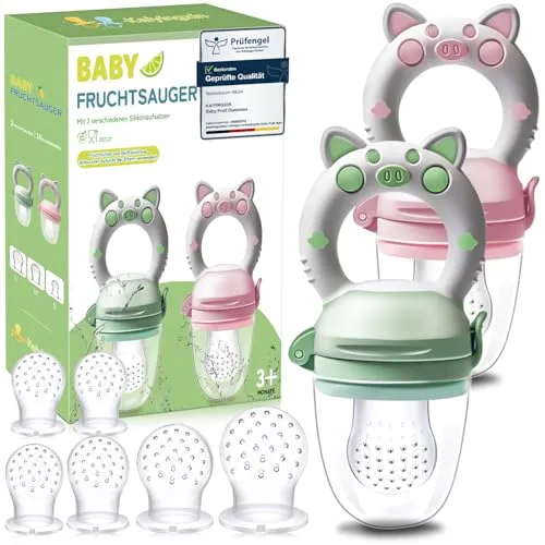 Fruchtsauger Baby ab 3 4 6 Monate, 2 Stück Obstschnuller für Babys, 2023 Upgrade Version, Schnuller Zum Befüllen, Breisauger, Obst Schnuller Baby, BPA frei, 8 Silikon Sauger in 3 Größen