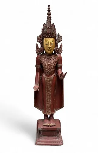 Asien LifeStyle Buddhafigur Jambupati aus Teakholz - Beeindruckende Buddha Statue aus hochwertigem Teakholz, ca. 154 cm hoch. Ein einzigartiges Kunstwerk mit historischer Patina, ideal für Wohnräume, Praxen oder Meditationsräume und verbindet traditionelle Handwerkskunst mit spiritueller Symbolik.