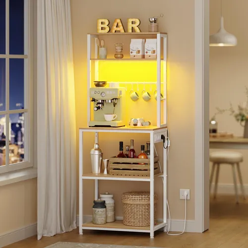 VASAGLE Küchenregal mit LED-Beleuchtung und Steckdosen - Praktisches Standregal mit einstellbarer LED-Beleuchtung in 25 Farben und 3 Modi. Mit 3 Steckdosen und USB-Anschlüssen für flexible Nutzung. Stabiler Stahlrahmen, verstellbare Ablagen und einfache Montage machen es ideal für jede Küche.