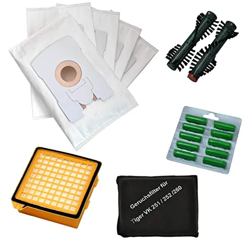 FSProdukte Spar-Set: 10 Staubsaugerbeutel, Hygienefeinfilter, Geruchsfilter, Duft Sommerwiese, Ersatzbürsten kompatibel mit Vorwerk Kobold VT 260 mit EB 360
