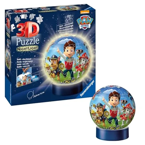Ravensburger 3D Puzzle 11842 - Nachtlicht Puzzle-Ball Paw Patrol, 72 Teile mit Klatsch-Mechanismus für kinderleichte Bedienung und kreativen Spaß ab 6 Jahren