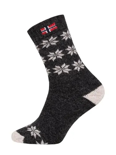 Ein Paar Norweger Socken für Damen Und Herren - Skandinavisches Design, 80% Wolle, Dicke Kuschelsocken, Hyggelig Warm | Anthrazit Gr. 47-50