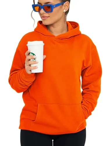 behype. Damen Oversize Hoodie Kapuzenpullover Einfarbig Basic Heavy Blank Pullover Unifarben Kapuzen-Sweatshirt Für Frauen DC_Damen_8001-Orange-XS
