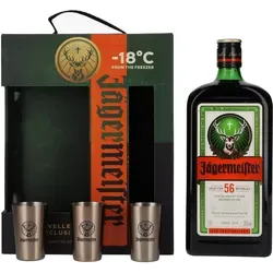 Jägermeister Kräuterlikör Traveller's Exclusive 1l mit Geschenkbox - Likör & Kräuterschnaps: Exklusiver Kräuterlikör in 1l Geschenkbox, inklusive 3 stylischen Metal Shot Cups für unvergessliche Feiern.