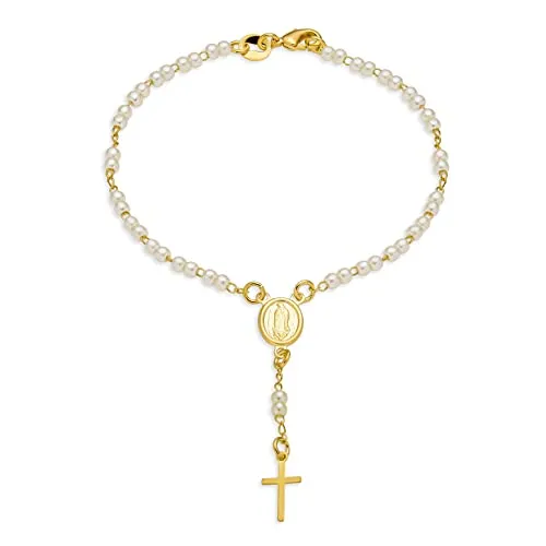 Bling Jewelry Zartes Zierliches Weißes Simuliertes Perlenkreuz Schutzpatronin Jungfrau Maria Rosenkranzgebet-Armband Für Frauen Und Teenager Vergoldetes Messing 18 Karat 7,5 Zoll