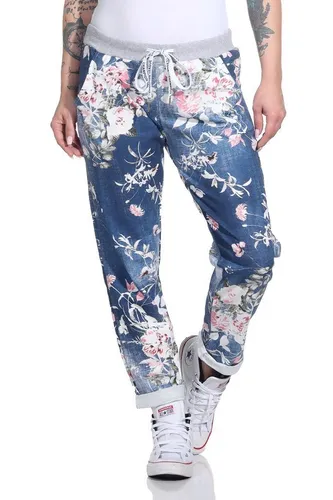 Mississhop 287 Damen Cargohose mit Blumen-Print - Damen-Hosen in Einheitsgröße für Gr. 36-42, lässige Boyfriend Sweatpants mit elastischem Gummibund und Tunnelzug für optimalen Komfort – perfekt für Freizeit, Sport oder abendliche Outfits!