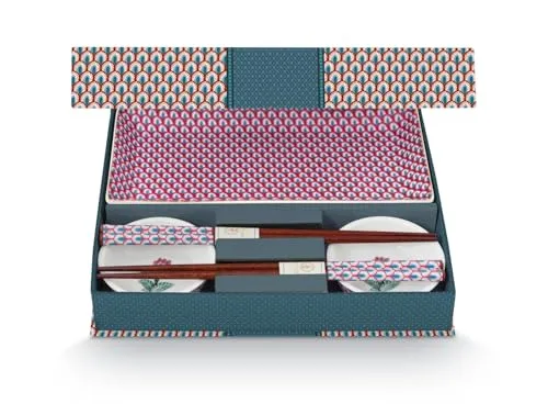 PIP STUDIO Flower Festival Oriental Geschenkset rund blau 6tlg - Essservices mit orientalischem Flair, bestehend aus 2 Tabletts, 2 Schälchen und 2 Essstäbchen-Sets. Ideal für Sushi und Snacks, verleiht jedem Tisch eine exotische Note.