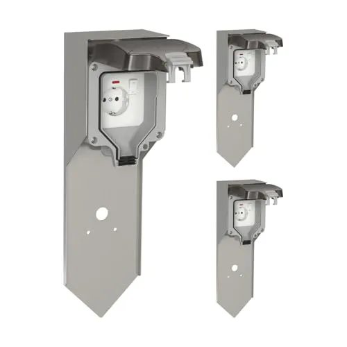ledscom.de 3 Stück Garten Steckdosensäule POXO mit Erdspieß für außen, IP65, 1-fach, Edelstahl, edelstahl/grau, eckig, 40 cm