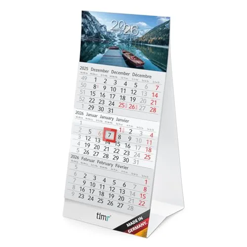 Timr Tischkalender 2026 klein zum Aufstellen - 3 Monatskalender mit Schieber - Kalender für Tisch Büro - Motiv Berge I tr360
