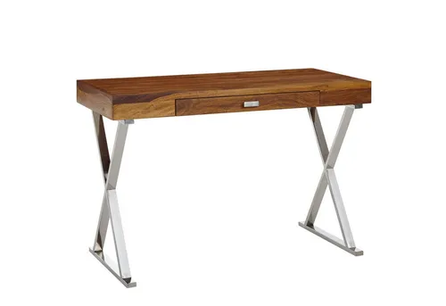FineBuy Schreibtisch aus Sheesham Massivholz 120x55 cm - Kinderschreibtisch mit stabilen X-förmigen Tischbeinen und praktischer Schublade für Ordnung, ideal für kreatives Arbeiten im Home Office.