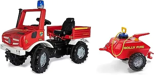 Rolly Toys Unimog Feuerwehr Tretauto - Tretfahrzeug für Kinder ab 3 Jahren mit Flüsterlaufreifen, Zweigangschaltung und Handbremse. Inklusive Vacumax Tankanhänger für spielerischen Feuerwehr-Einsatz.
