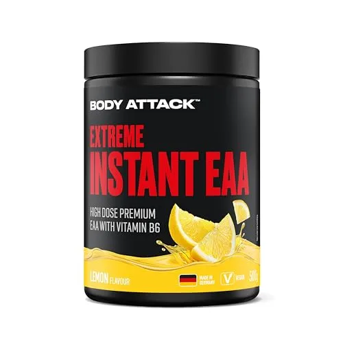 Body Attack Extreme Instant EAA - 500 g Lemon - Sportnahrung mit allen 8 essentiellen Aminosäuren und Vitamin B6, ideal für Vegetarier und Veganer, hervorragende Löslichkeit in Wasser.