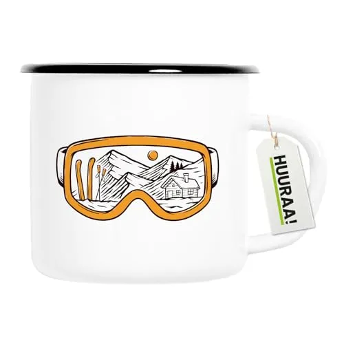 Huuraa Emaille Tasse Ski Skibrille Geschenk 300ml Vintage Emaille Becher Ski Geschenkidee